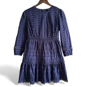 J. Crew Long Sleeve Lace Eyelet Dress in Deep Blue